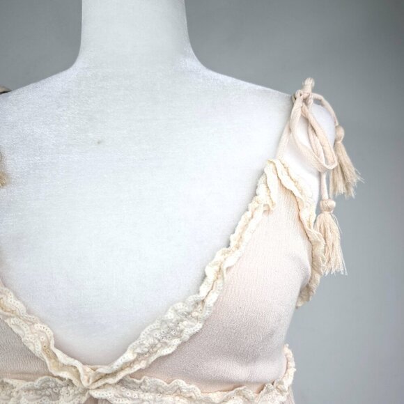 Women's Oatmeal Beige Ruffle Strappy Fringe Crop Cami Tie Shoulder Boho Top - Picture 3 of 5